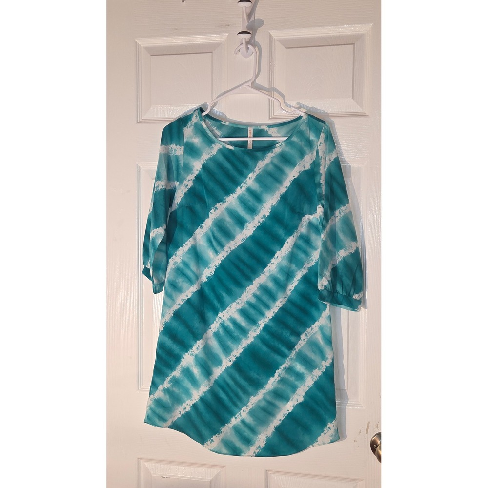 Renee C. Teal White Tie Dye Shift Dress 3/4 Sleeve Scoop Neck Medium 11296TP